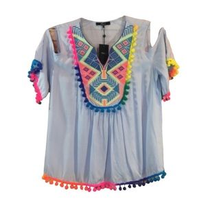 Kate C Cold Shoulder top w/colorful pom pom NWT L
